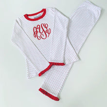 Load image into Gallery viewer, Red Bitty Dot Ruffle Holiday Pajamas lo
