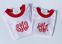 Load image into Gallery viewer, Red Bitty Dot Ruffle Holiday Pajamas lo