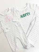 Load image into Gallery viewer, Holiday Wreath Ruffle Pima Cotton Footie