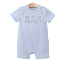 Load image into Gallery viewer, Blue Easter Bunny Trio Applique ROMPER