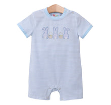Load image into Gallery viewer, Blue Easter Bunny Trio Applique ROMPER
